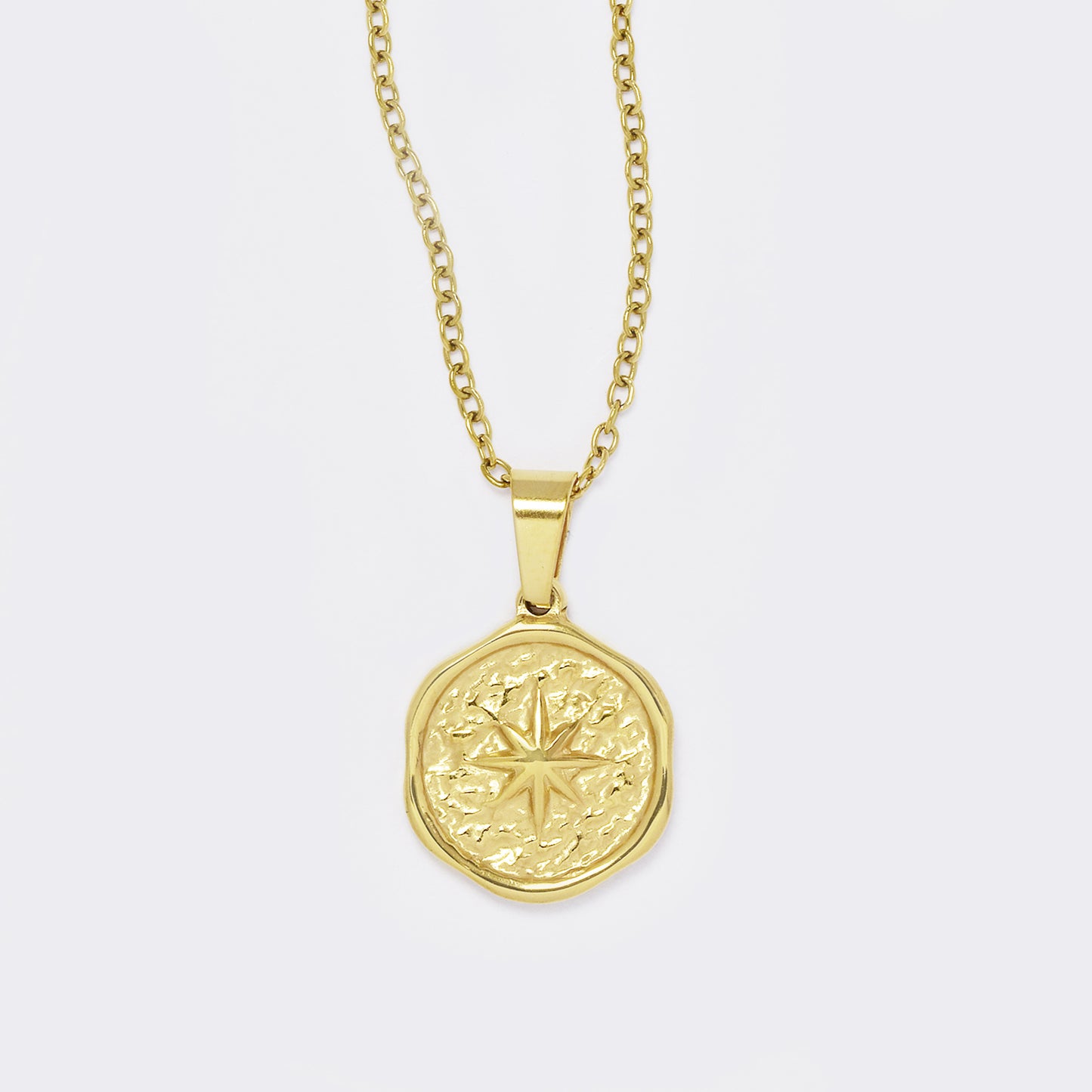 Stainless steel gold textured organic round disk with eight point star necklace - SSYN5631