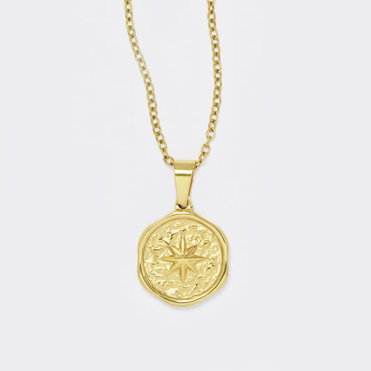 Stainless steel gold textured organic round disk with eight point star necklace - SSYN5631