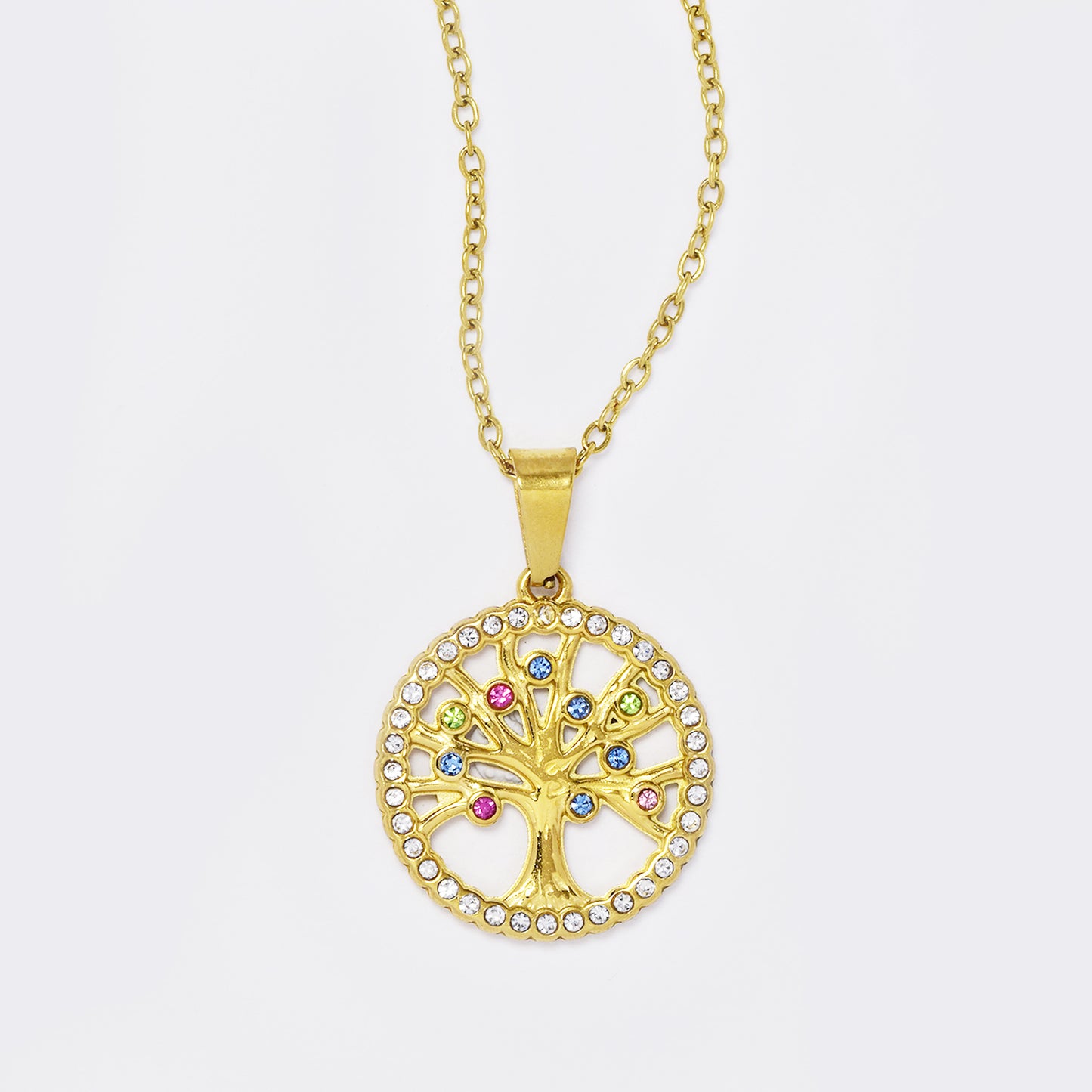 Stainless steel gold cutout tree of life with multi colour cubic zirconia necklace - SSYN5632