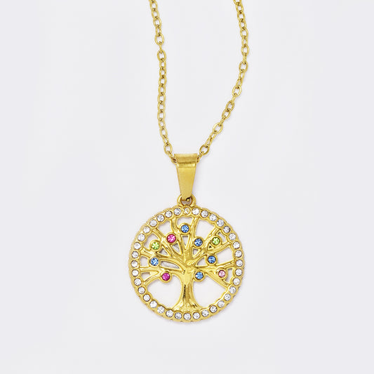 Stainless steel gold cutout tree of life with multi colour cubic zirconia necklace - SSYN5632