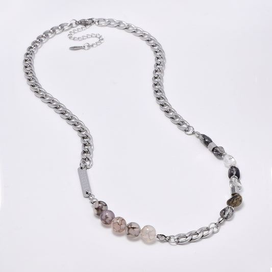 SSYN5916 - Steel natural bead and link necklace