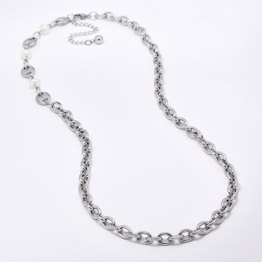SSYN5920 - Steel multi link and pearl necklace