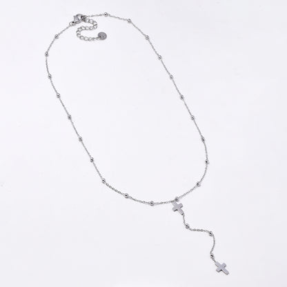 SSYN5941 - St Steel 39+5.5cm drop cross beaded necklace