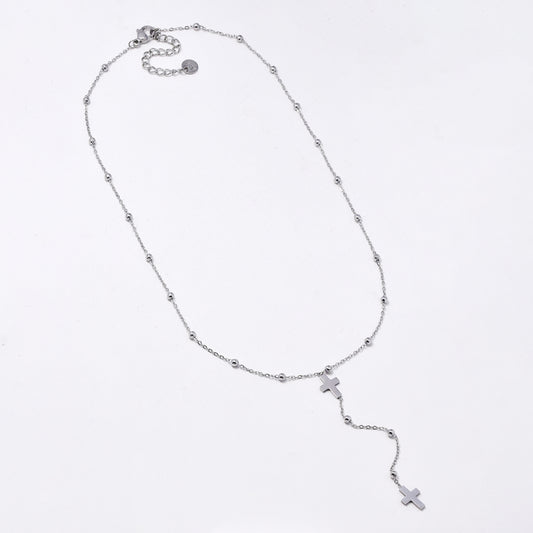 SSYN5941 - St Steel 39+5.5cm drop cross beaded necklace