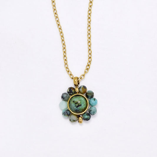 SSYN5945 - St Steel 40+5.5cm natural stone flower necklace