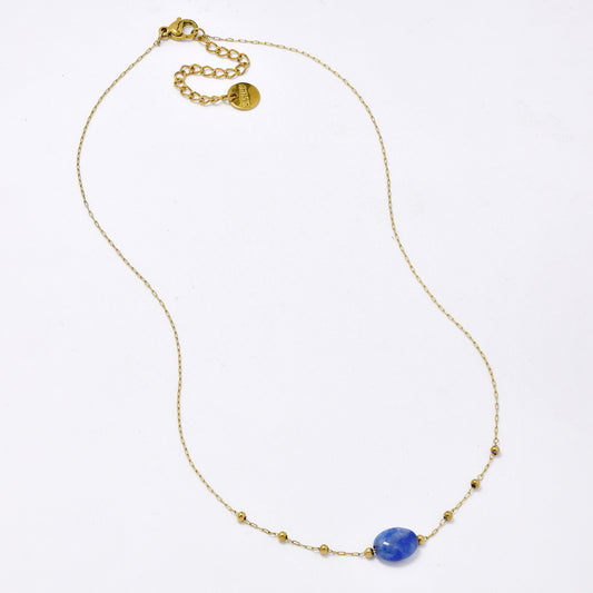 SSYN5947 - St Steel 40+5cm natural stone and gold bead necklace