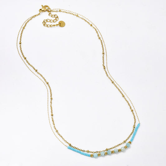 SSYN5953 - St Steel 40+4cm natural stone and bead necklace