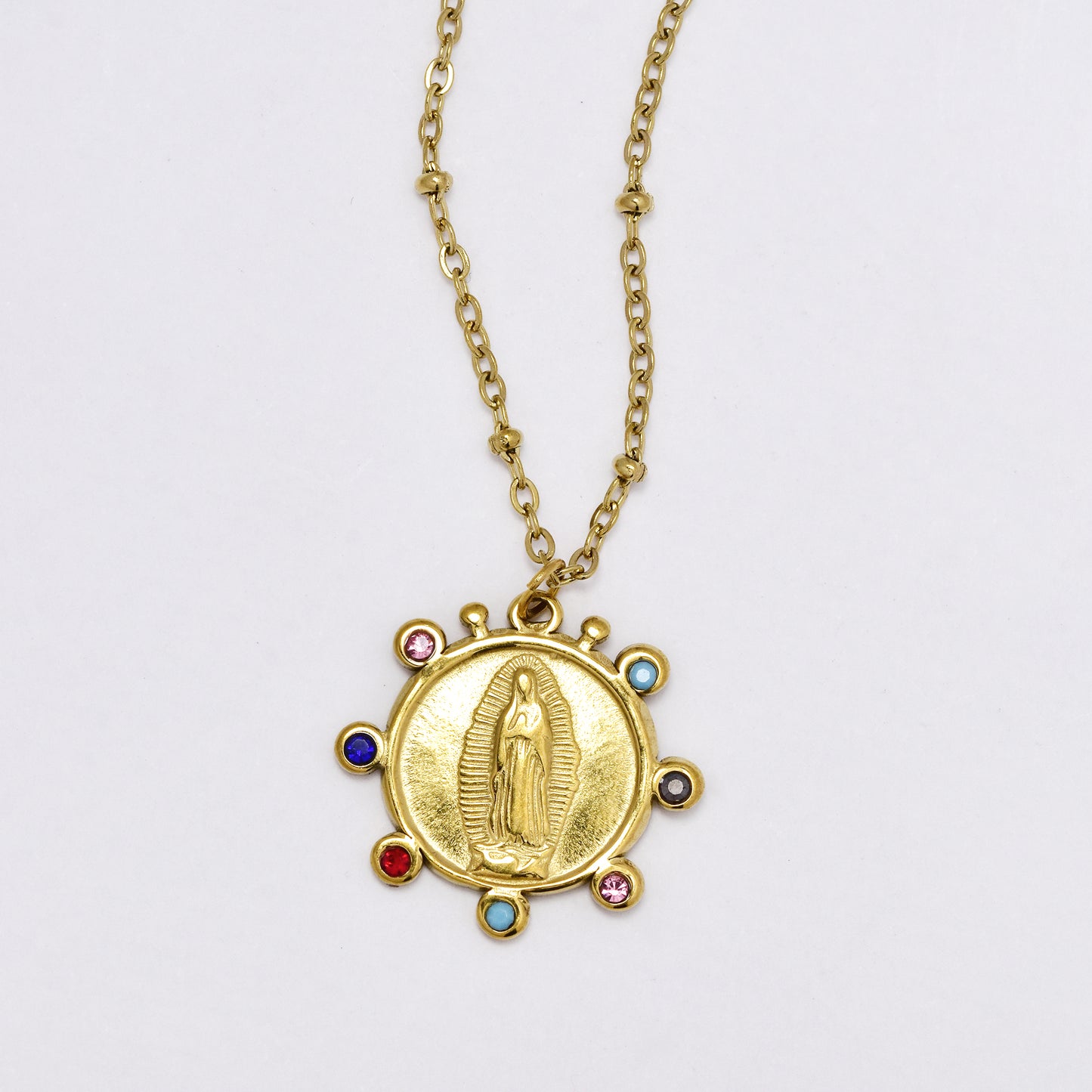 SSYN6013 - St Steel 40cm + 5.5cm Mother Mary colour stone beaded necklace