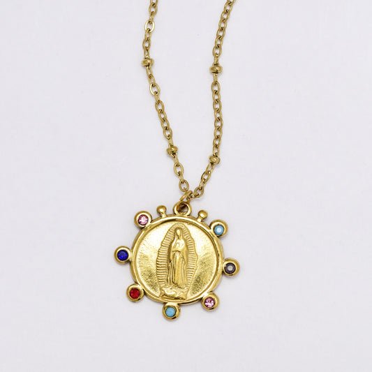 SSYN6013 - St Steel 40cm + 5.5cm Mother Mary colour stone beaded necklace