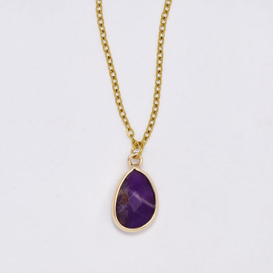 SSYN6014 - St Steel 40cm + 6cm natural faceted stone teardrop necklace
