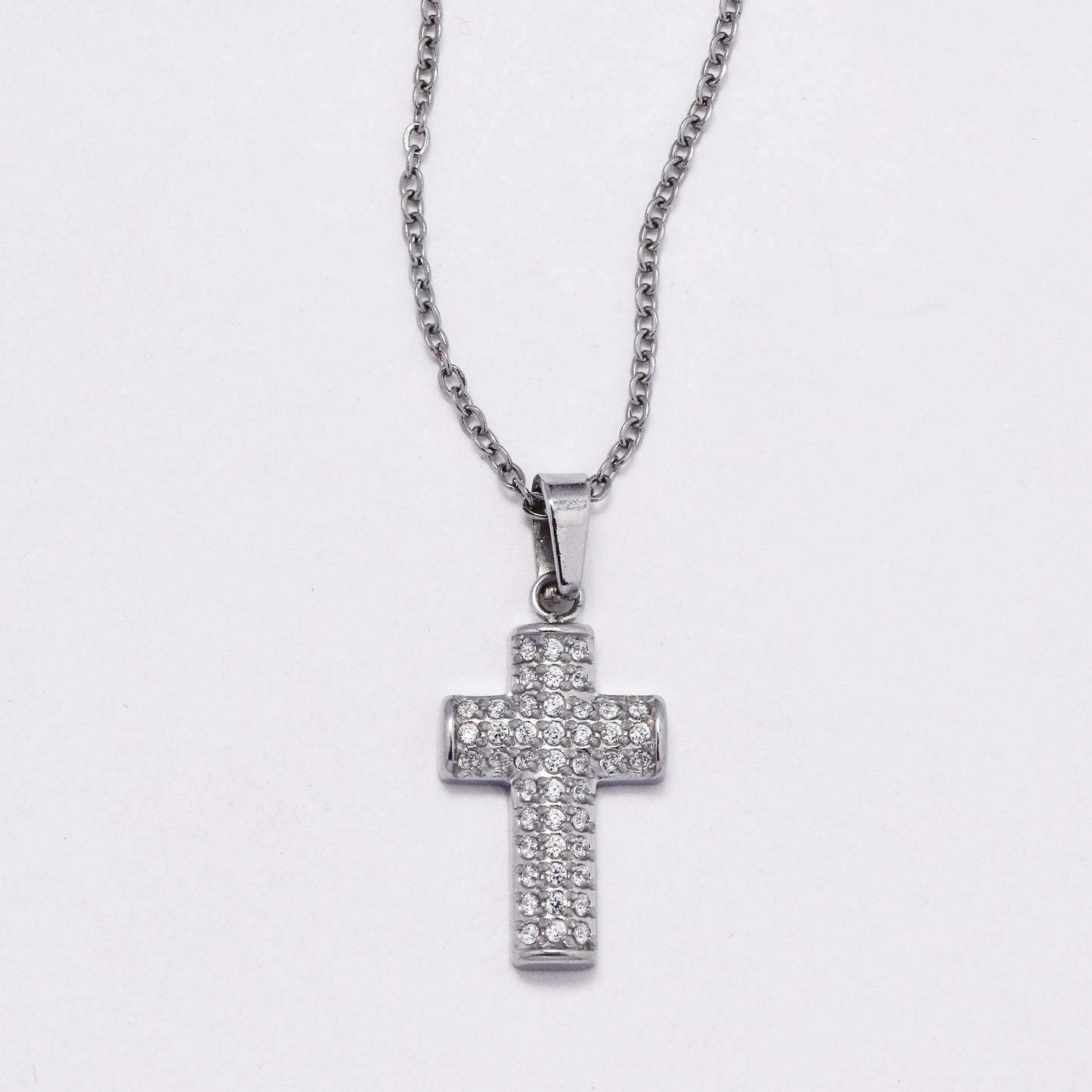 SSYN6018 - St Steel 45cm + 5cm pave CZ cross necklace