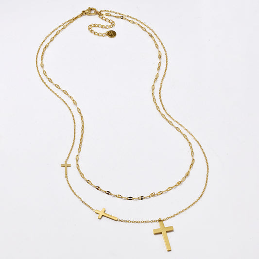 SSYN6019 - St Steel 40cm + 5cm  layered cross necklace