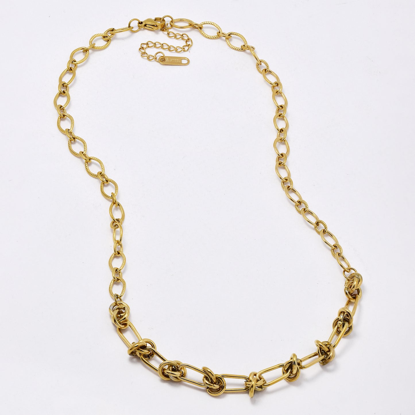 SSYN6090 - St Steel 41cm + 5cm knot and oval link necklace