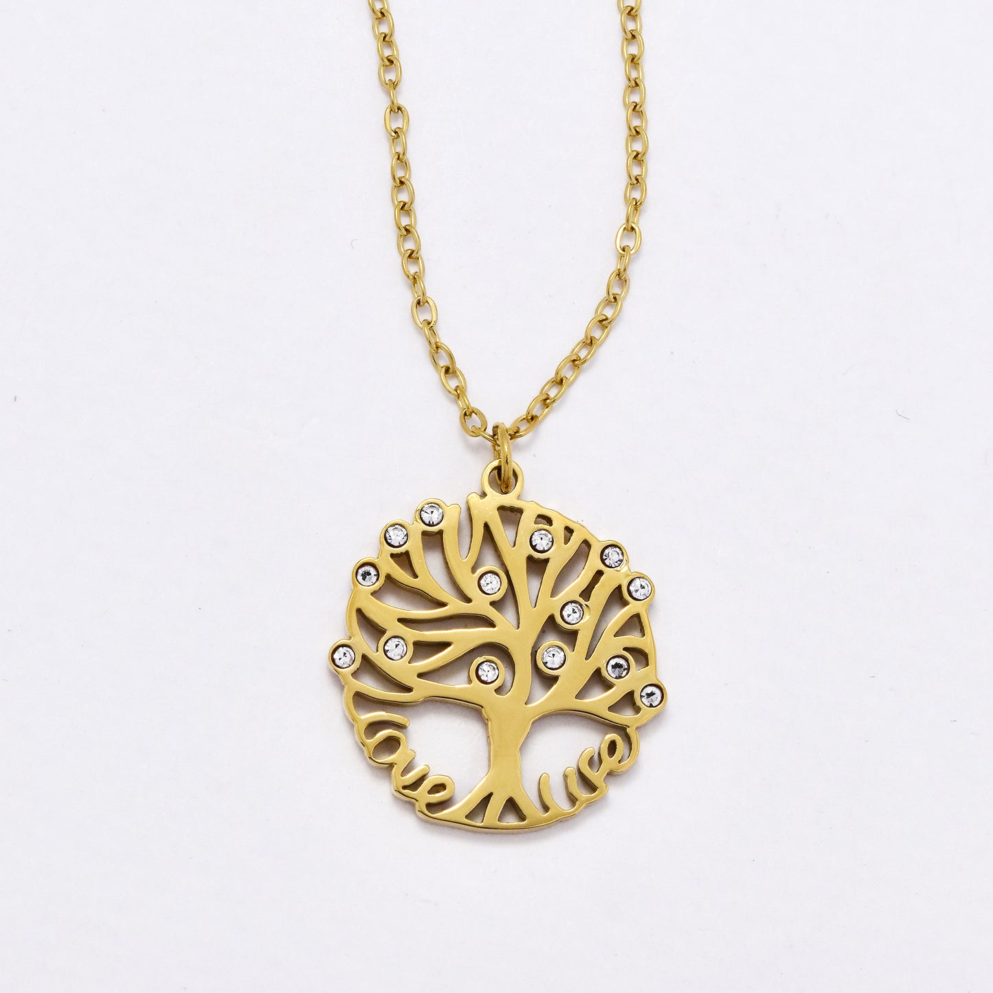 SSYN6023 - St Steel 42cm + 5cm CZ "love life" tree of life necklace