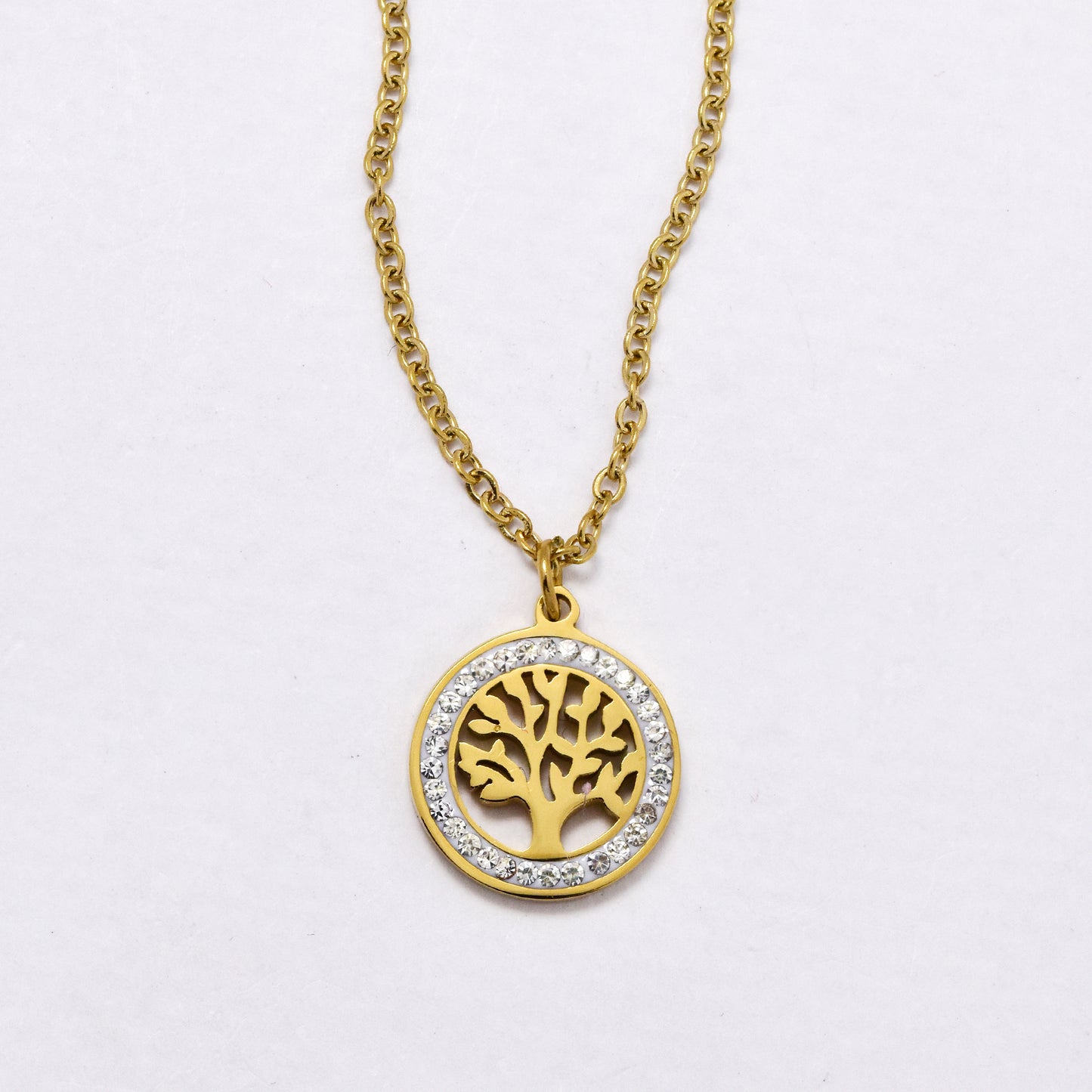 SSYN6024 - St Steel 42cm + 5cm round CZ tree of life necklace