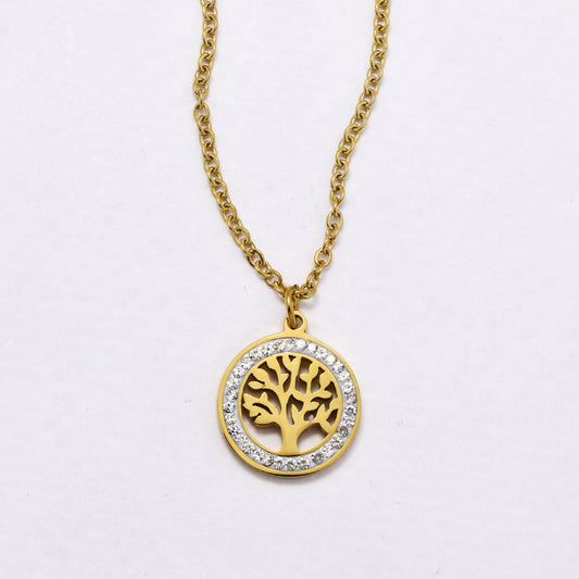 SSYN6024 - St Steel 42cm + 5cm round CZ tree of life necklace