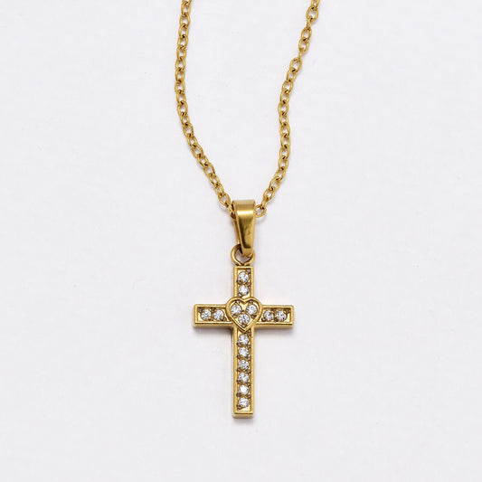 SSYN6036 - St Steel 45cm + 5cm CZ heart cross necklace