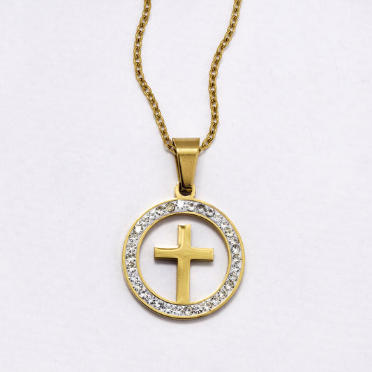 SSYN6038 - St Steel 42cm + 5cm cutout circle & cross CZ necklace