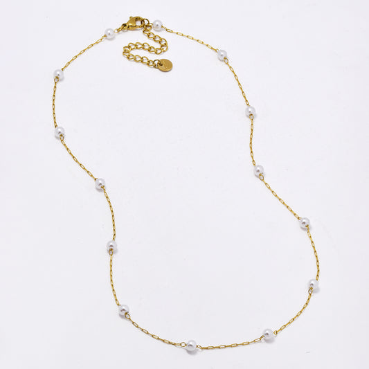 SSYN6042 - St Steel 41cm + 5cm faux pearl necklace