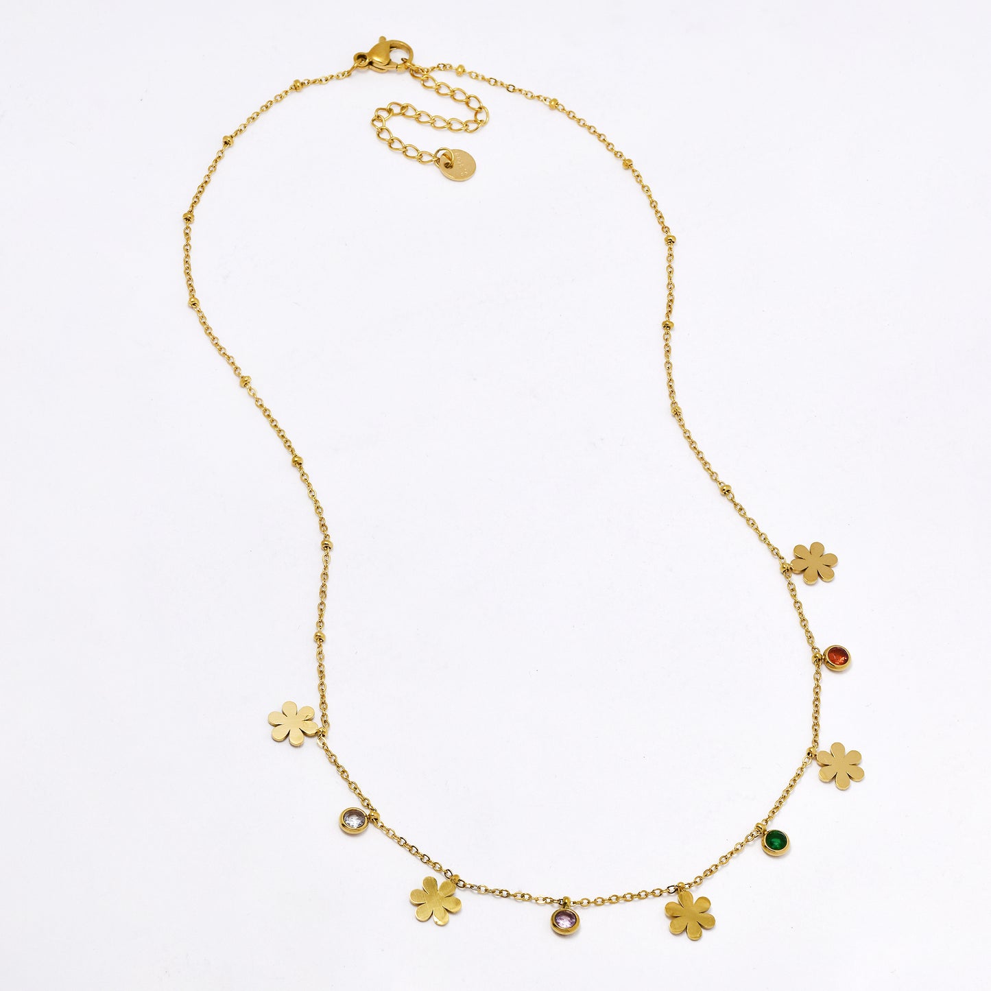 SSYN6054 - St steel 42cm + 5cm CZ & flower disk beaded necklace