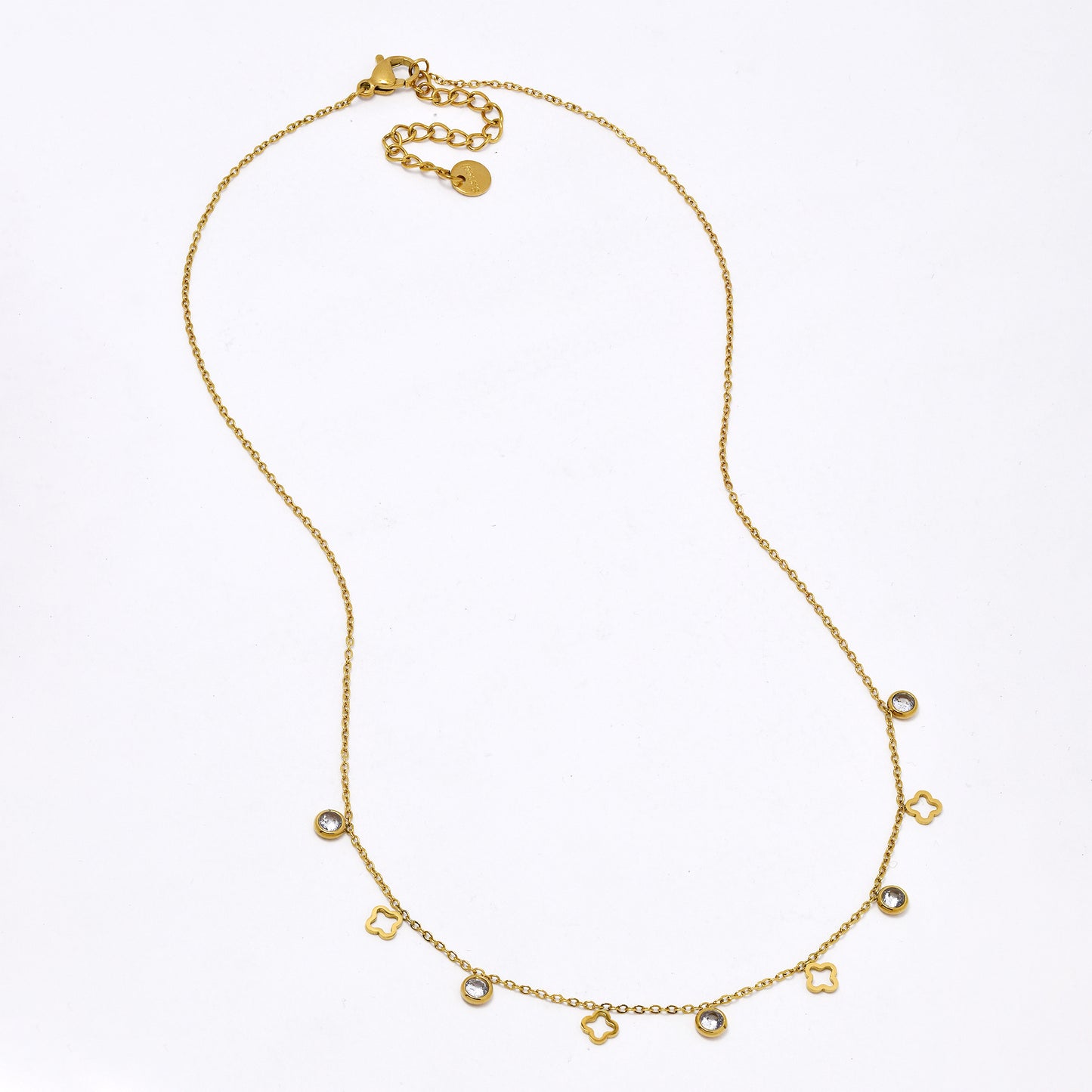 SSYN6057 - St steel 42cm + 5cm CZ & four leaf clover  necklace