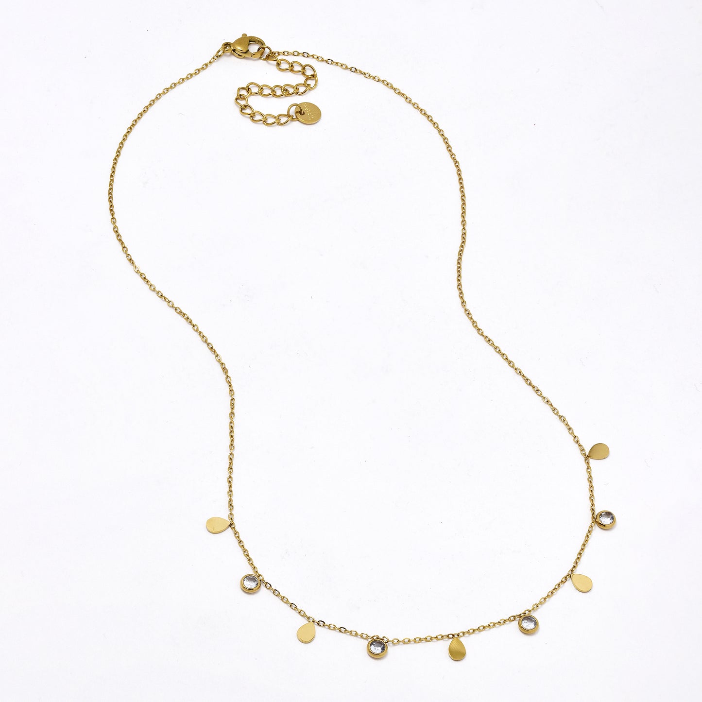 SSYN6058 - St steel 42cm + 5cm small teardrop disk & CZ necklace