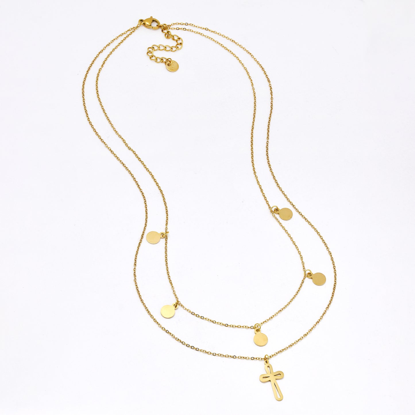 SSYN6062 - St steel 47cm + 5cm layered cross & round disk necklace