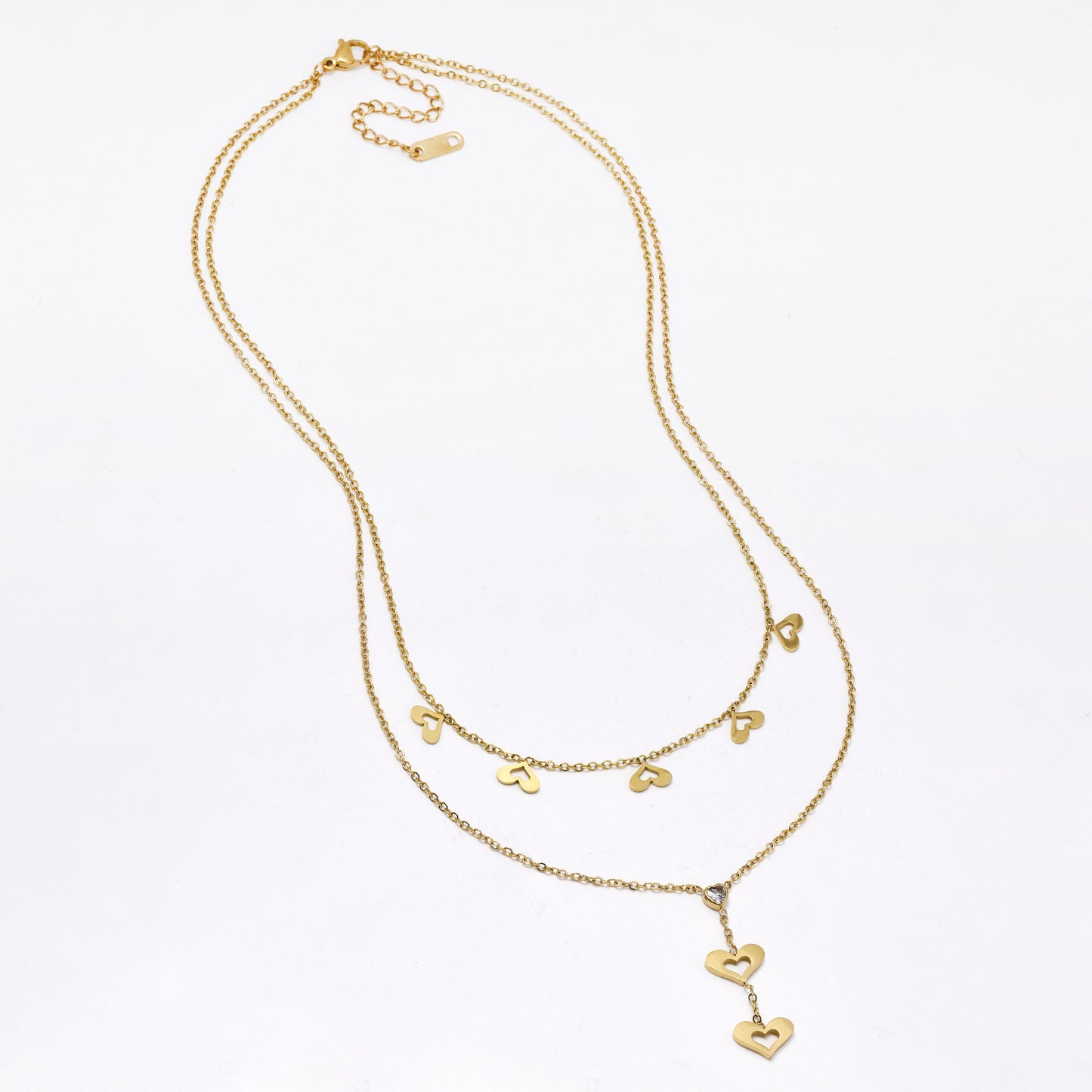 SSYN6064 - St steel 45.5cm + 5cm layered heart & CZ drop necklace