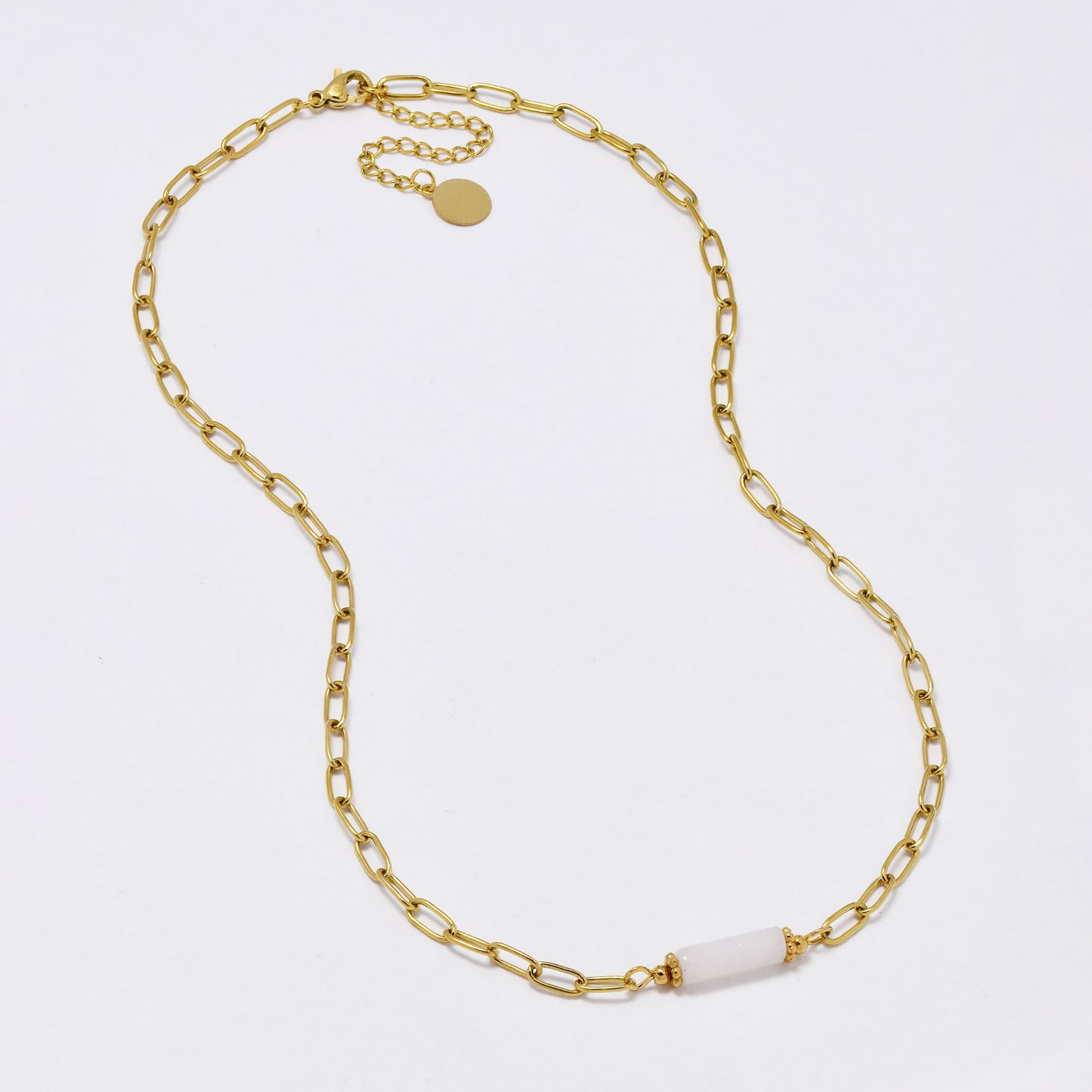 SSYN6278 - St Steel 40cm + 5mm x 3mm paperclip necklace with natural stone