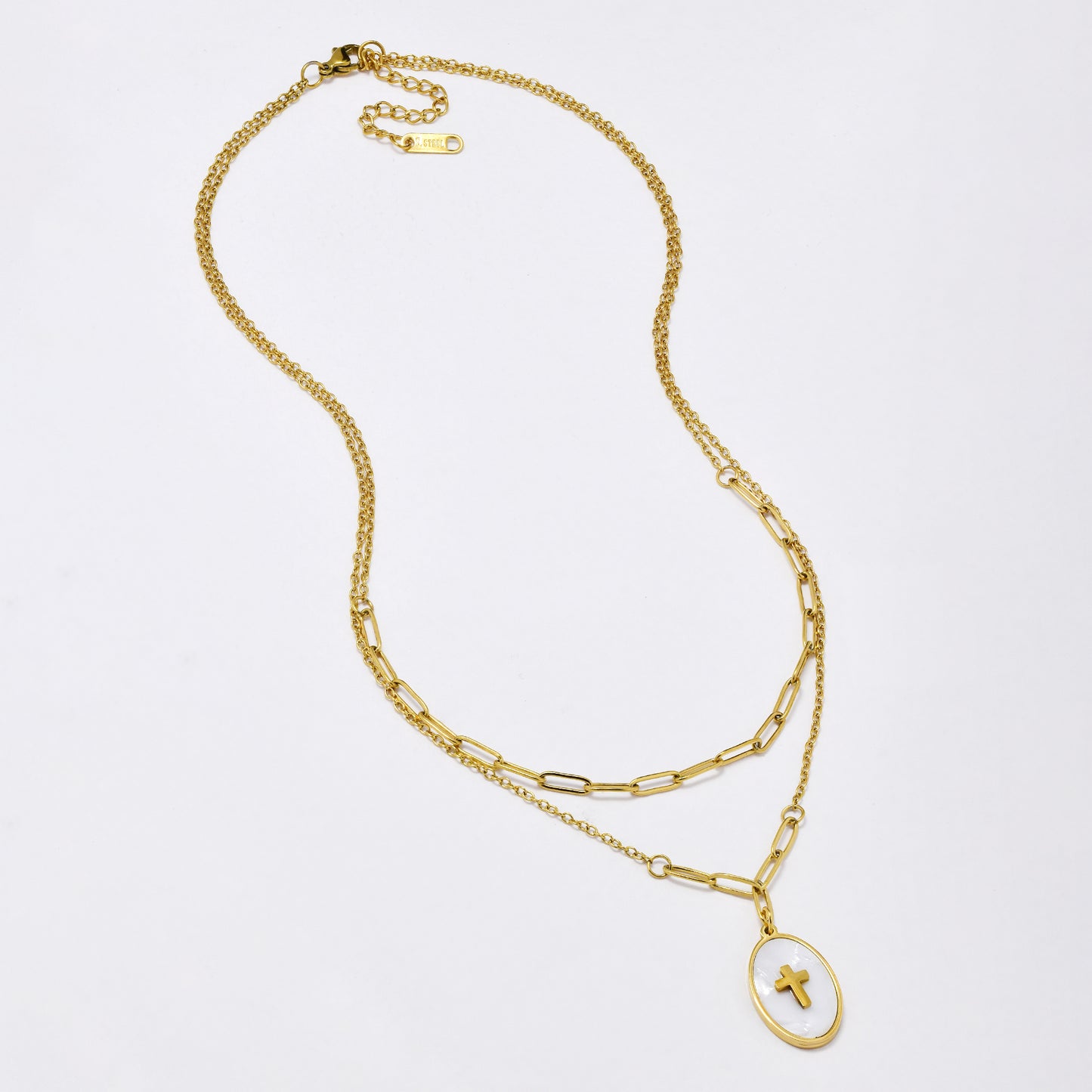 SSYN6279 - St Steel 41cm + 5cm layered paperclip necklace with oval cross pendant