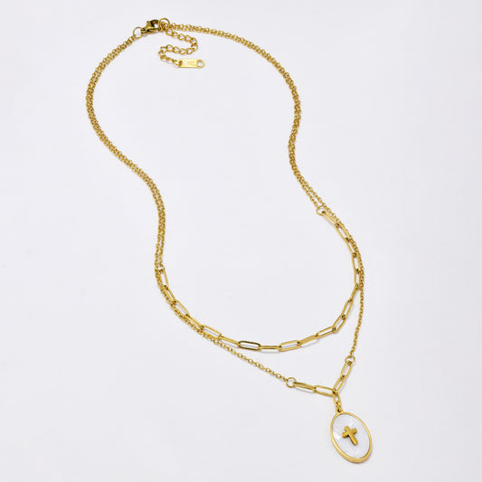 SSYN6279 - St Steel 41cm + 5cm layered paperclip necklace with oval cross pendant