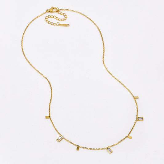 SSYN6394 - S Steel 40cm + 5.5cm rectangular CZ disk necklace