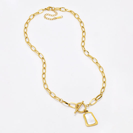 SSYN6397 - S Steel 42xm + 5cm oval link disk necklace