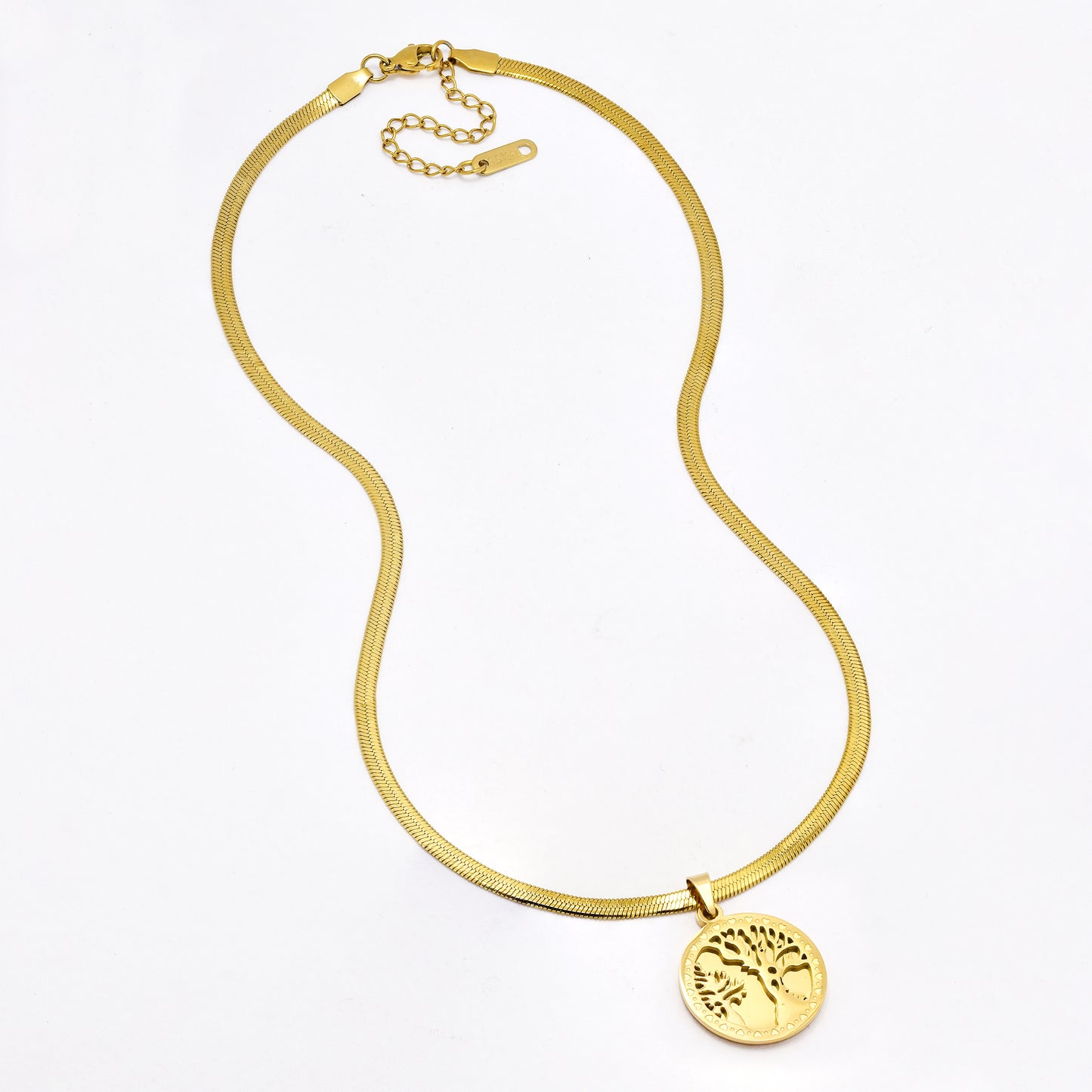 SSYN6398 - S Steel 40cm + 6cm round tree of life disk herringbone necklace