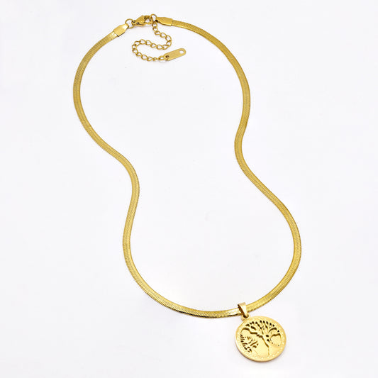 SSYN6398 - S Steel 40cm + 6cm round tree of life disk herringbone necklace