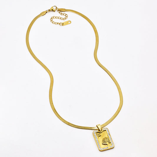 SSYN6399 - S Steel 40cm + 6cm tree of life disk herringbone necklace