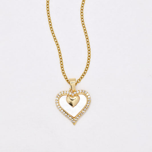 CZYN6401 - S Steel 41cm + 5cm CZ and mother of pearl heart necklace