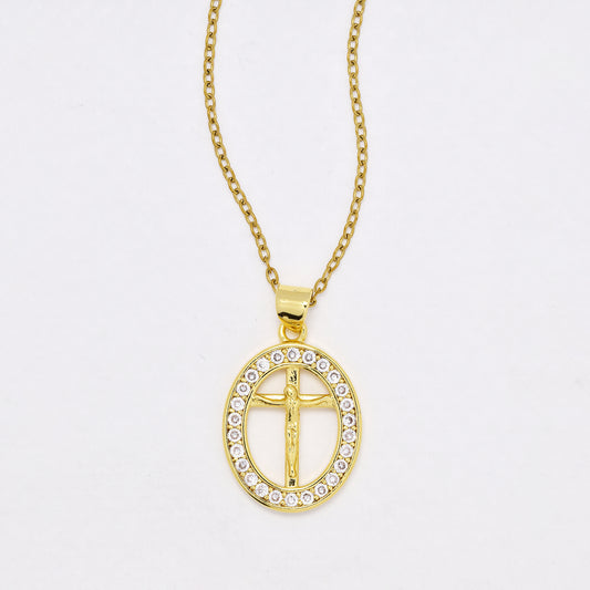 CZYN6402 - S Steel 41cm + 5cm oval CZ and cutout cross necklace