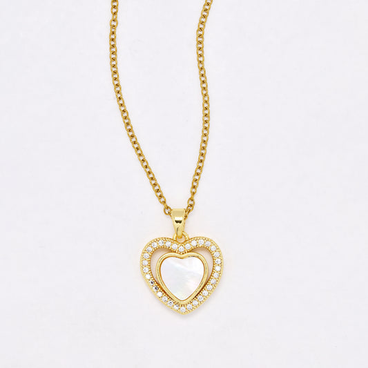 CZYN6403 - S Steel 40cm + 5cm CZ heart and cutout mother of pearl heart necklace