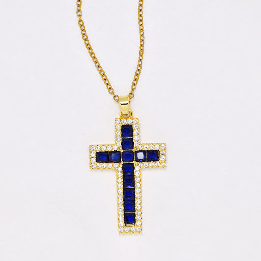 CZYN6406 - S Steel 40.5cm + 5cm blue and clear CZ cross necklace