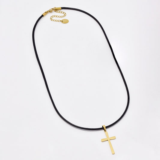 SSYN6409 - St Steel & black cord cross necklace