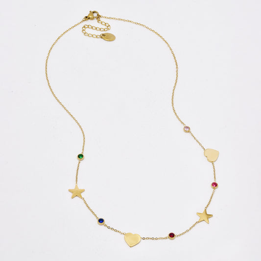 SSYN6414 - St Steel heart & star disk CZ necklace
