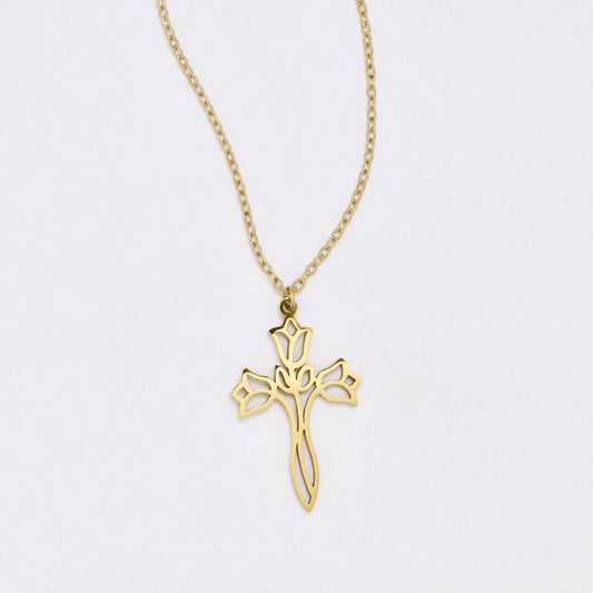 SSYN6415 - St Steel flower cross necklace