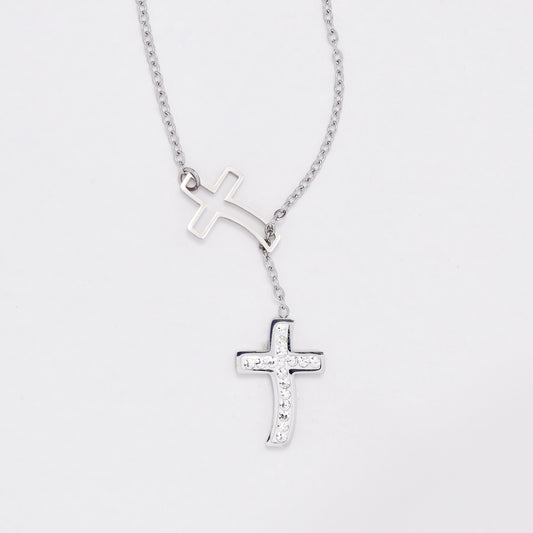 SSYN6416 - St Steel pull-through crystal cross necklace