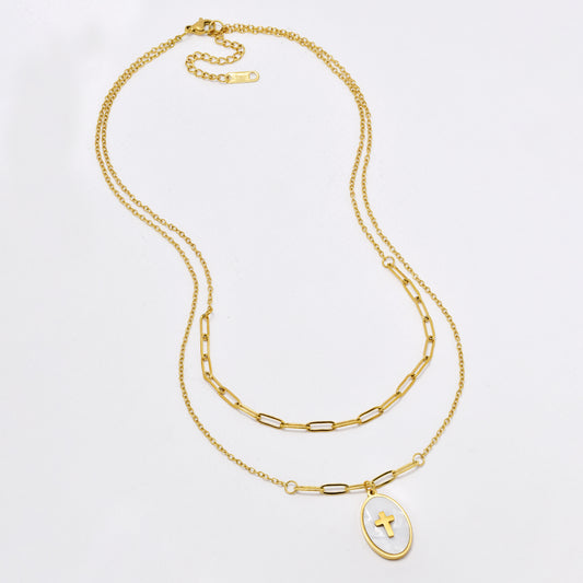 SSYN6427 - St Steel 44cm + 5cm layered cross necklace