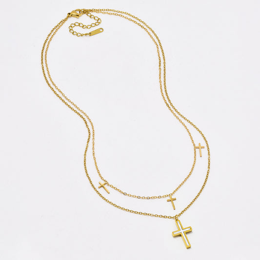 SSYN6441 - St Steel 39cm + 5cm layered cross necklace