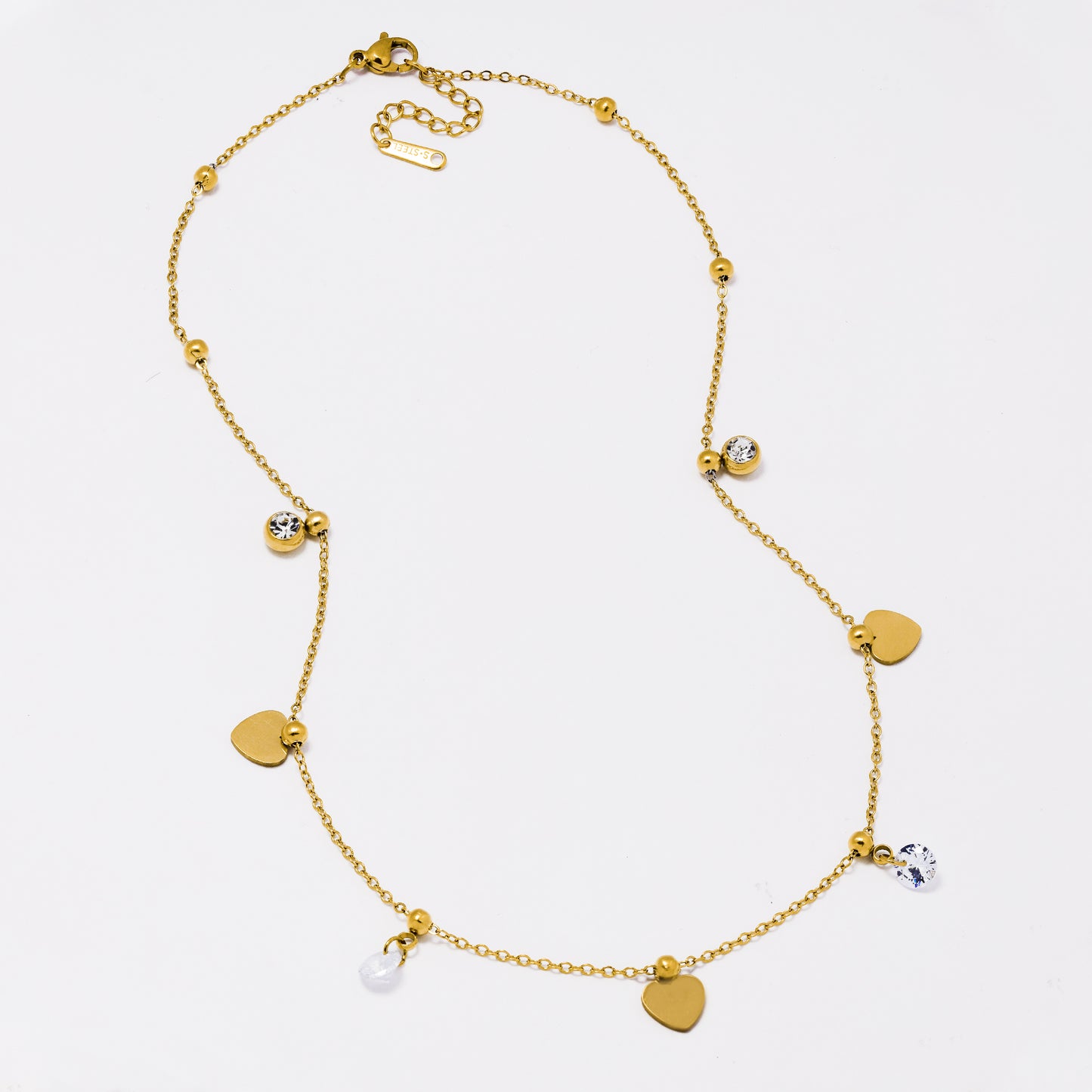 SSYN6442A - St Steel 40cm + 5cm heart & crystal necklace