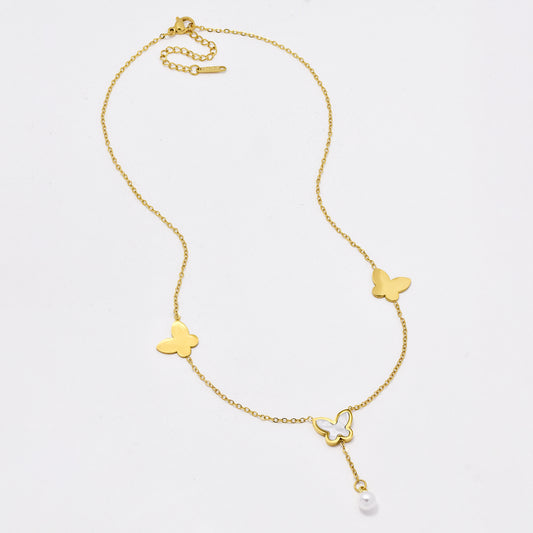 SSYN6443 - St Steel 41cm + 5cm butterfly necklace