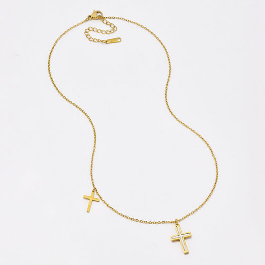 SSYN6445 - St Steel 40cm + 5cm double cross necklace
