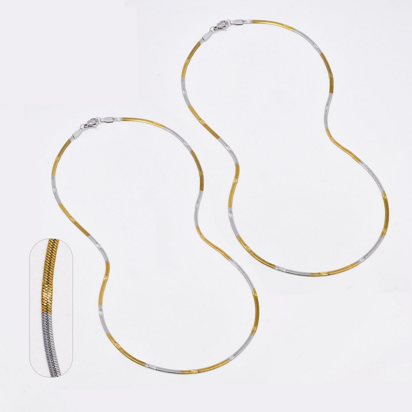 SSYN6499 - St Steel 2 pack 45cm x 2.5mm 2 tone stamped herringbone necklace